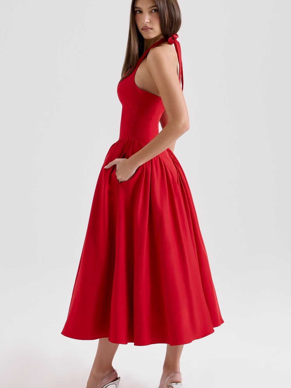 House of CB Red Deep V A-Line Midi Dress - Picture 7 of 10